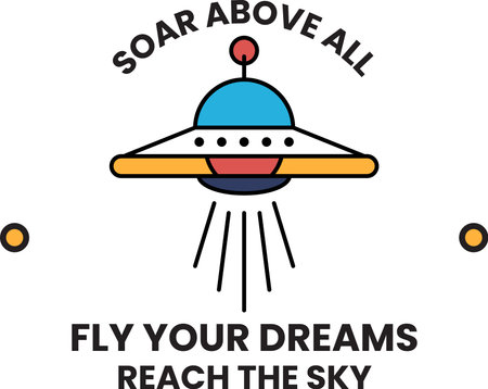 A cartoon of a spaceship flying above the clouds with the words soar above alのイラスト素材