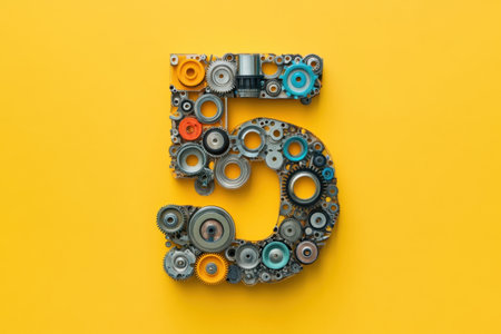 The number 5 is made up of gears and other mechanical parts. The image has a playful and whimsical mood, as it is not a traditional representation of the number 5の素材