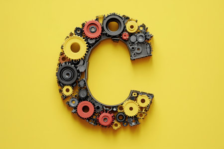 The image is a colorful and intricate design of a letter C made up of various gearsの素材