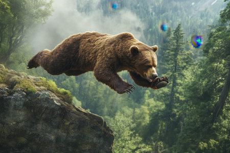 A bear is leaping off a cliff and catching a fish in its mouth. The image has a sense of adventure and excitement, as the bear is in the midst of a daring actの素材