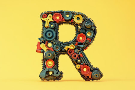 The letter R is made up of many different gears and partsの素材