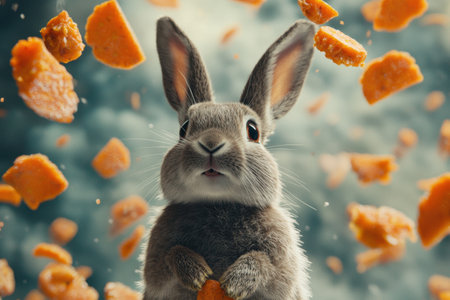 A rabbit is standing in front of a pile of carrotsの素材