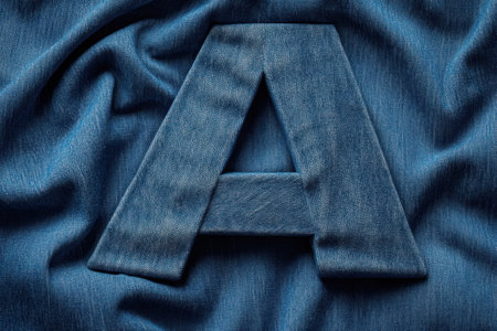 A blue denim fabric with the letter A on it. The letter A is cut out of the fabric and is surrounded by the fabricの素材
