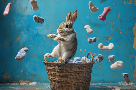 A rabbit is in a basket full of socks, and it is jumping out of the basket. The image has a playful and whimsical mood, as the rabbit seems to be having fun with the socksの素材