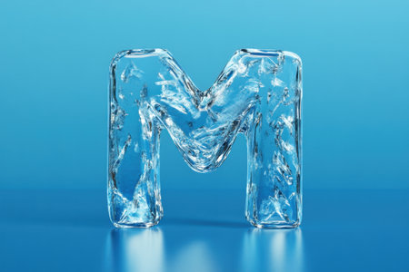 The letter M is made of ice and is sitting on a blue surface. The ice letter is very detailed and has a unique textureの素材