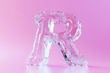 A letter R made of ice. The letter is pink and has a clear, translucent appearance. The ice letter is placed on a pink background, creating a visually striking contrast between the two elementsの素材