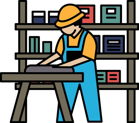 A man in a blue jumpsuit is working on a table. He is wearing a hard hat and safety gogglesのイラスト素材