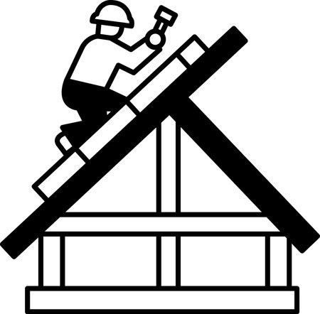 A man is working on a roof. The image is black and white. The man is wearing a hard hat and is holding a hammer. The roof is slanted and the man is climbing up itのイラスト素材