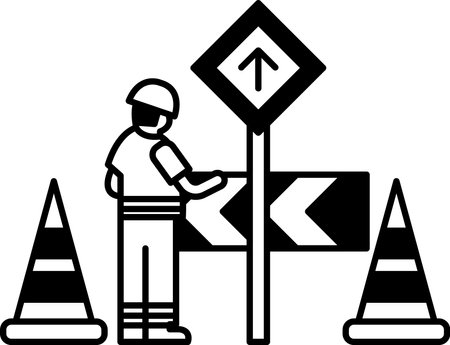 A man is standing in front of a sign with a red arrow pointing up. He is wearing a hard hat and a reflective vest. There are three traffic cones in the backgroundのイラスト素材