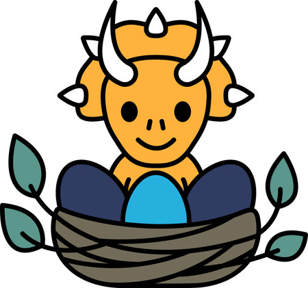 A cartoon dinosaur is sitting on a nest with eggs. The dinosaur has horns and a smile on its faceのイラスト素材