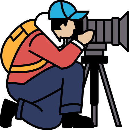A man is crouching down and taking a picture with a camera. He is wearing a backpack and a blue hat