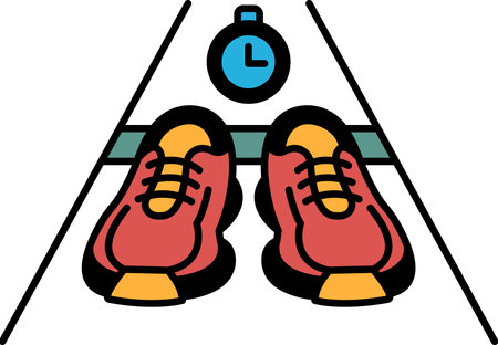 A pair of red running shoes are on a white track with a clock in the background. The clock is set at 12:00のイラスト素材
