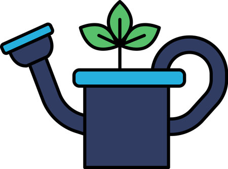 A blue watering can with a green plant in it. The plant is small and has a leafy appearanceのイラスト素材