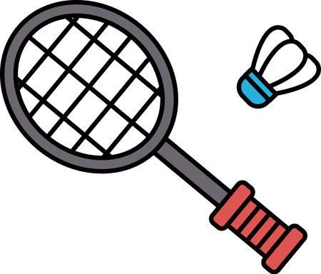A tennis racket and a shuttlecock are shown in a cartoon style. The racket is black and red, and the shuttlecock is blue and white. Concept of playfulness and funのイラスト素材