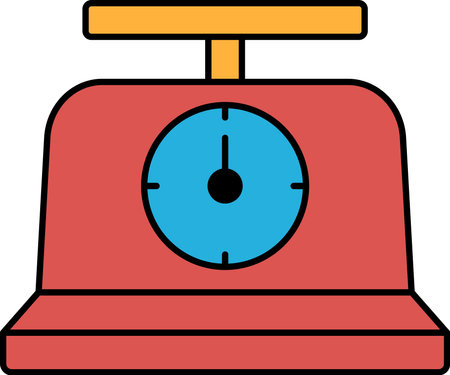 A red scale with a blue face and a clock on it. The clock is showing the time as 10:30のイラスト素材