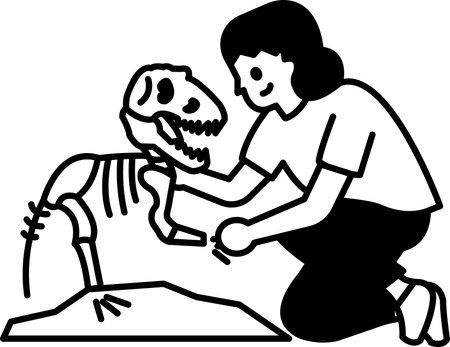A woman is kneeling down next to a dinosaur skeleton. She is touching the skeleton and smiling. Concept of wonder and curiosity about the ancient creatureのイラスト素材
