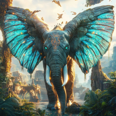 A blue elephant with a blue wing is standing in a jungle. The elephant is surrounded by trees and birdsの素材
