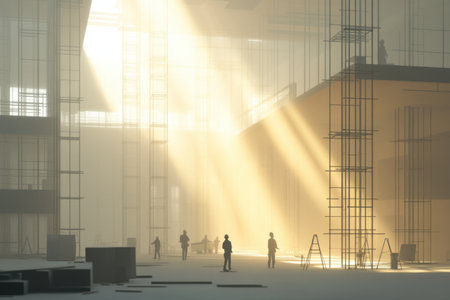 A group of construction workers are standing in front of a large buildingの素材