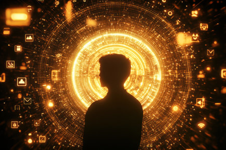 A man face is surrounded by a glowing circle of lightsの素材