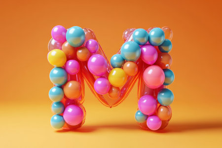 The image is a colorful and playful representation of the letter M. The letter is made up of various colored balloons, creating a fun and whimsical atmosphereの素材