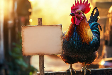 A rooster stands in front of a sign that is blank. The rooster is looking at the camera with a curious expression. The scene is set in a rural area, with a fence in the backgroundの素材