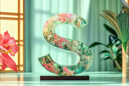 A letter S made of glass is sitting on a table. The letter is surrounded by a green and pink floral design. Scene is calm and serene, with the flowers adding a touch of nature to the sceneの素材