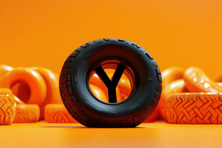 A black tire with the letter Y in the middle. The tire is surrounded by orange tires. Concept of playfulness and creativity, as the tire is used as a canvas for the letter Yの素材