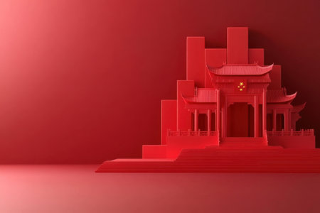 A red background with a building in the foreground. The building is a Chinese temple with a red roofの素材