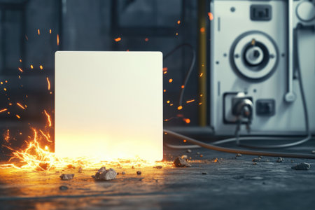 A white box is on fire and surrounded by rocks. The box is the only thing that is not burntの素材