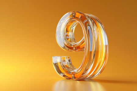 A glass sculpture of the number nine is sitting on a blue surfaceの素材