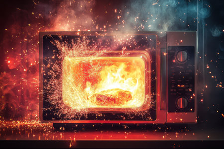 A microwave is on fire with a burnt piece of food insideの素材