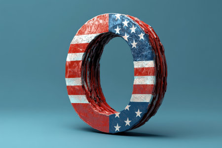 A red and white American flag is in the shape of the letter O. The flag is surrounded by a clear plastic shell, giving it a unique and artistic appearanceの素材