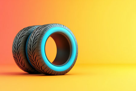 Two tires with a blue stripe on them are on a yellow background. The tires are placed in a way that they look like they are about to rollの素材