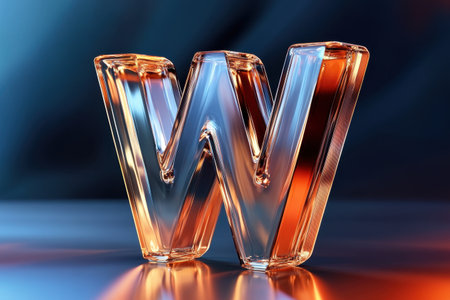 A letter W is made of glass and is sitting on a tableの素材