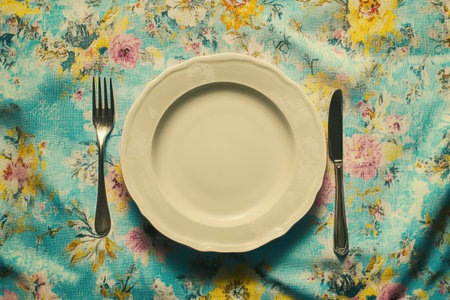 A white plate with a fork and knife on a tablecloth with a floral pattern. The plate is empty, and the tablecloth is blue and yellowの素材
