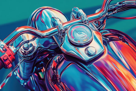 A shiny black motorcycle with a silver handlebar and a black tank. The handlebars are made of chrome and the tank is also made of chromeの素材