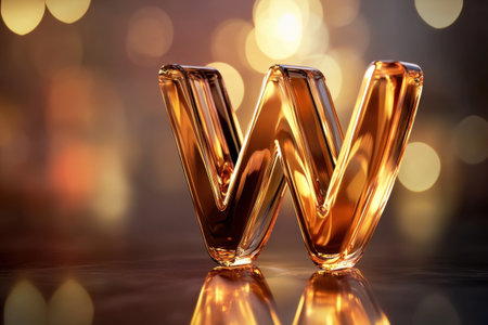 A letter W is made of glass and is sitting on a tableの素材