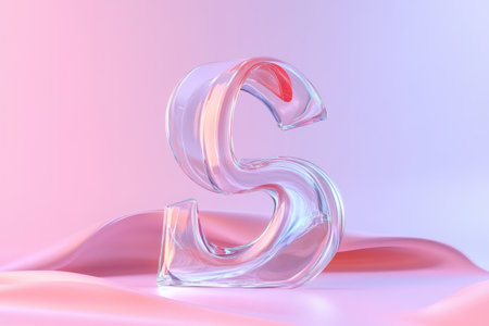 A large, curved letter S made of clear glass. The letter is placed on a pink background, creating a visually striking contrast between the transparent glass and the vibrant pink colorの素材