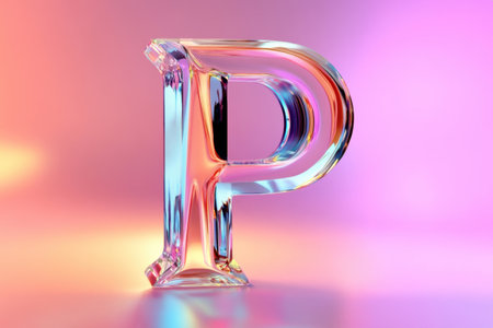 A letter P is made of glass and is on a pink background. The letter is clear and has a shiny appearanceの素材