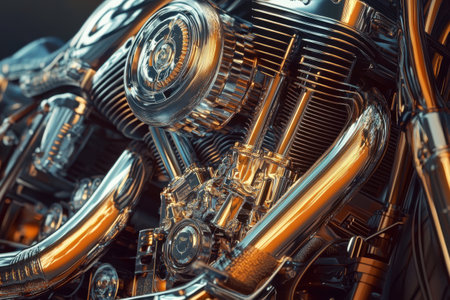 A close up of a motorcycle engine with a shiny, metallic finish. The engine is the main focus of the image, and the metallic finish gives it a sleek and modern appearanceの素材