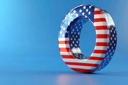 A red and white American flag is in the shape of the letter O. The flag is surrounded by a clear plastic shell, giving it a unique and artistic appearanceの素材