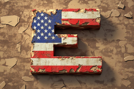 The letter E is made to look like an American flag. The flag is made of red, white, and blueの素材