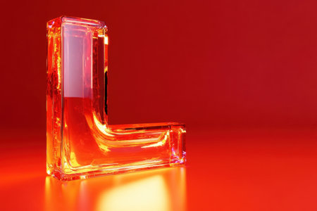 A letter L is made of glass and is sitting on a red background. The glass letter is illuminated and he is glowing. The image has a warm and inviting moodの素材