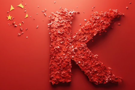 A gold letter K is standing on a red backgroundの素材