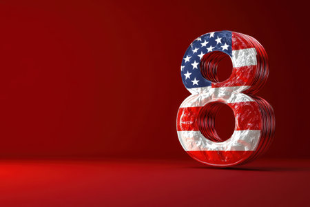 The number 8 is made out of American flags. The image is red and white. The number 8 is surrounded by a circleの素材