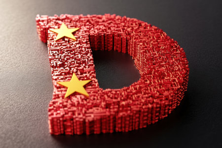 The letter D is made up of many small blocks of red and yellow. The red blocks are arranged in a way that creates a star shape. The yellow blocks are placed in the middle of the red blocksの素材