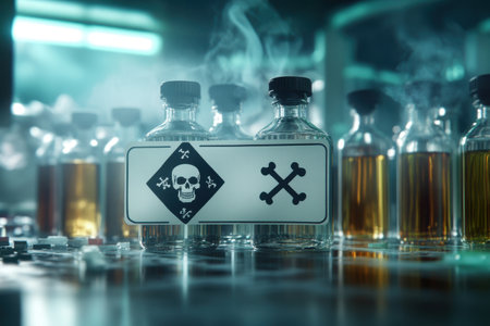 A bottle of liquid with a skull and crossbones on it. The bottle is surrounded by other bottlesの素材