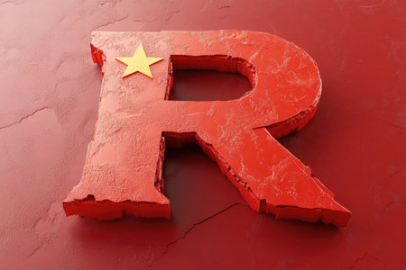A red letter R with a yellow star in the middle. The letter is broken and has a rough textureの素材