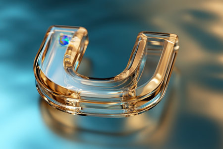 A clear U shaped glass vase sits on a gold colored clothの素材