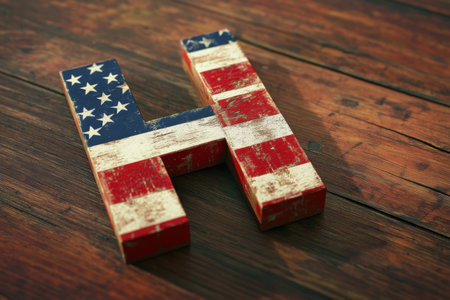The letter H is made up of the American flag. The letter is red, white, and blueの素材